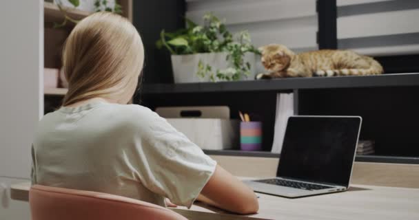 Девушка Подросток Пишет Столом Ноутбуком Кошка Сидит Подоконнике Неподалеку — стоковое видео