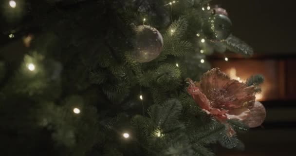 Noel Ağacı Çelenklerle Süslenmiş Şöminede Ateş Arka Planda Yanıyor Kaydırıcı — Stok video