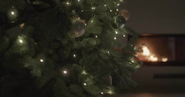 Χριστουγεννιάτικο Δέντρο Διακοσμημένο Γιρλάντες Φωτιά Στο Τζάκι Καίει Στο Βάθος — Αρχείο Βίντεο