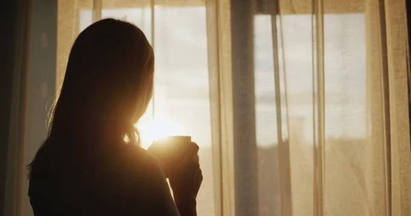 Silhouette Einer Frau Mit Einer Tasse Tee Steht Bei Sonnenuntergang — Stockfoto