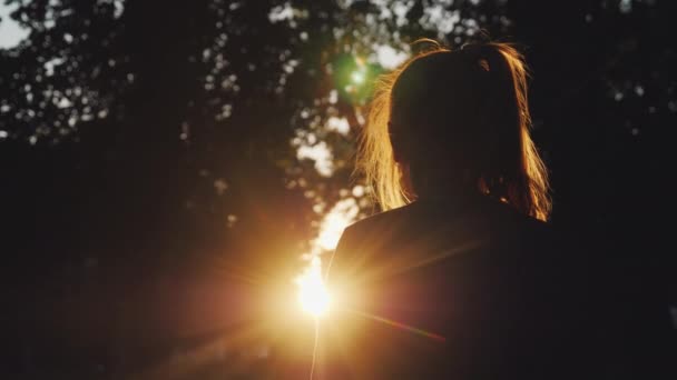 Egy Lány Sziluettje Aki Naplementét Nézi Parkban Nap Gyönyörűen Megvilágítja — Stock videók