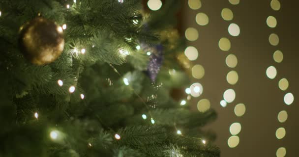 一个人把粉红球挂在圣诞树上 只有他的手和一棵由花环点亮的圣诞树在镜框里看得见 — 图库视频影像
