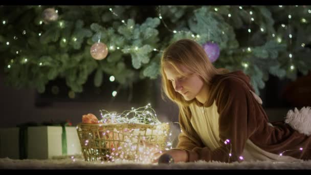 Rebknock Leży Pod Choinką Odsłaniając Girlandę Przygotowania Bożego Narodzenia Nowego — Wideo stockowe