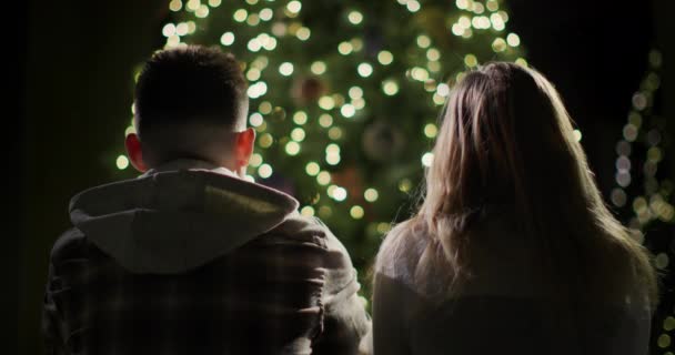 Jovem Casal Olha Para Árvore Natal Sua Sala Estar Escuro — Vídeo de Stock