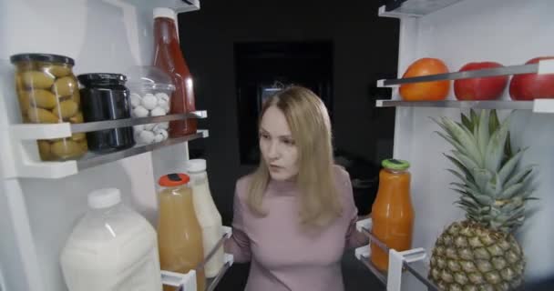 Woman Eats Sweets Refrigerator Nighttime Snacking Junk Food — Stock Video
