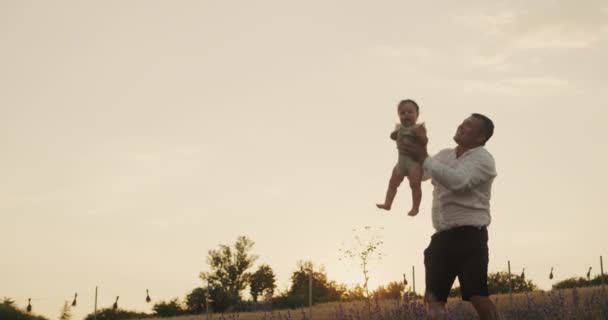 Silhouette Happy Father Throwing His Little Daughter — Vídeo de stock