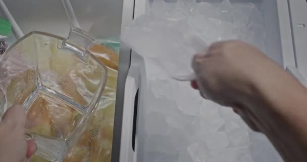 国内の冷蔵庫の製氷機から氷を収集する男 — ストック動画