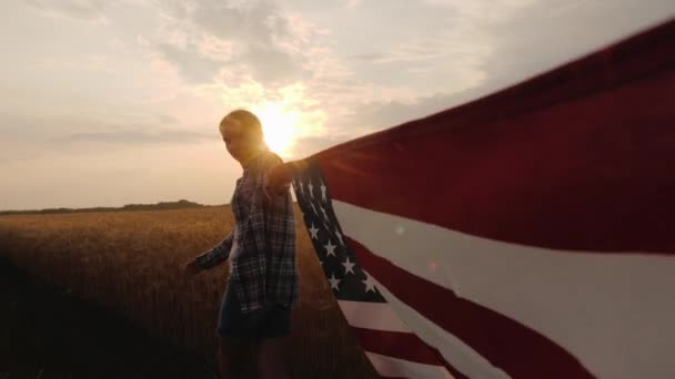 第一眼看到的是一个女人在边缘之一拿着美国国旗 日落时走近麦田 — 图库视频影像