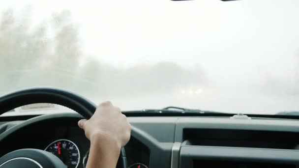 Uma Mulher Está Conduzir Carro Sob Forte Chuva Vista Traseira — Vídeo de Stock