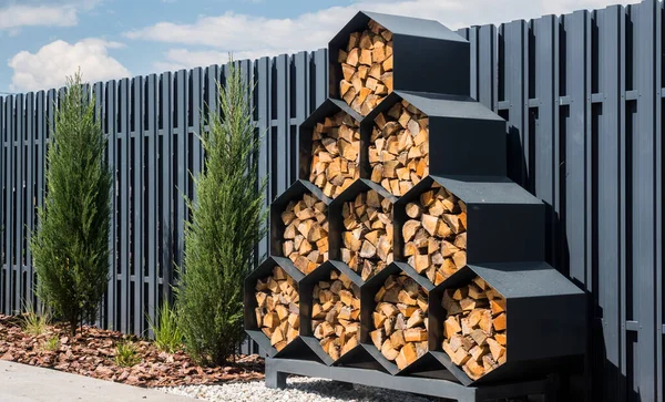 Stylish Decorative Firewood Rack Cells Form Honeycombs — Stock Photo, Image