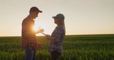 İki çiftçi buğday tarlasının yakınında konuşuyor. Bir tablet kullan.