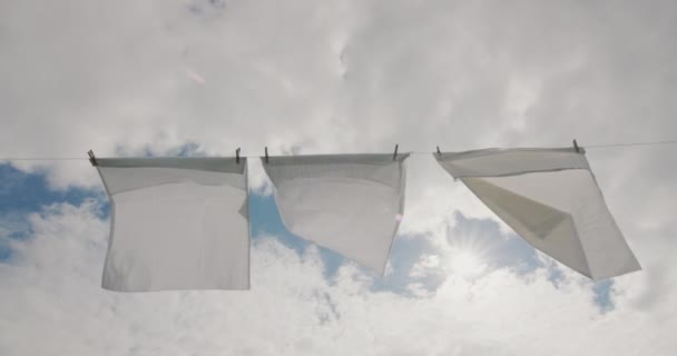 Wet White Shirts Dry Clothesline Wind — Vídeo de stock