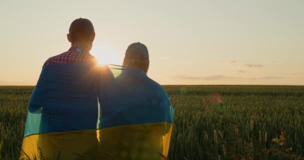 肩にウクライナの旗を持つ若いカップルは 小麦の分野で日の出を見ています 希望と楽観主義 — ストック動画