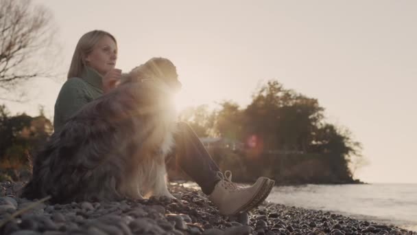 一位中年妇女坐在风景如画的安大略湖岸边 身边有一只狗 — 图库视频影像