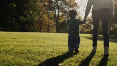 Anne, batan güneşin ışınlarında yeşil çimlerin yanında yürürken bebeği elinden tutar. 4k video