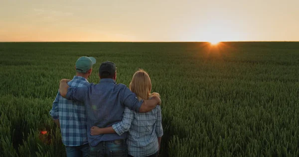A friendly family of farmers admiring the sunset over a field of wheat.