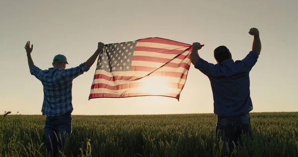 Zwei Männer Hissen Die Flagge Vor Dem Hintergrund Eines Weizenfeldes — Stockfoto