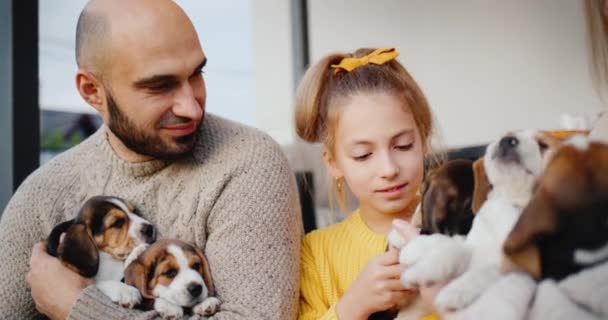 Baba Kız Evlerinin Kapısında Oturmuş Yavru Köpeklerle Oynuyorlar — Stok video
