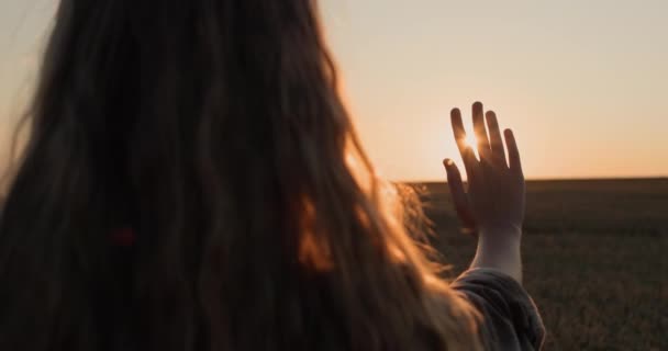 美しい長い髪の女の子は 設定太陽に彼女の手を保持しています — ストック動画