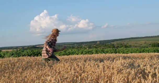 Genç Bir Kız Güzel Bir Buğday Tarlasında Koşuyor Yavaş Çekim — Stok video