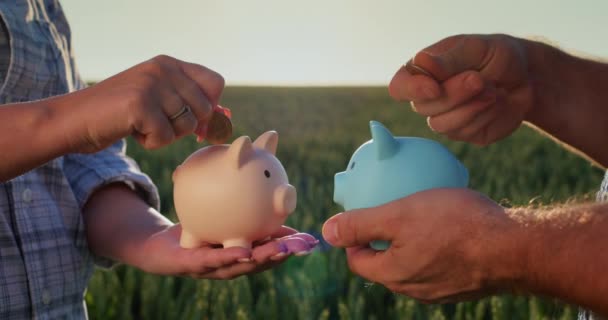 一个男人和一个女人都把硬币放在他们的储蓄罐里 单独的预算和财务 — 图库视频影像