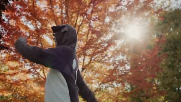Ein Kind Hirschkostüm Tanzt Neben Einem Herbstbaum — Stockvideo