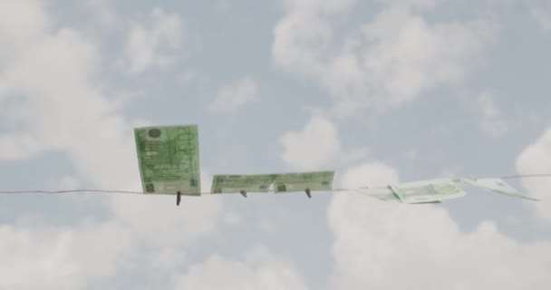 Euro Banknotes Hanging Wind Clothesline Money Laundering Concept — Stockvideo