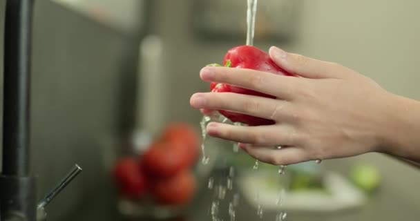 Kadınların Elleri Musluk Suyunun Altında Dolmalık Biber Yıkar Yavaş Çekim — Stok video