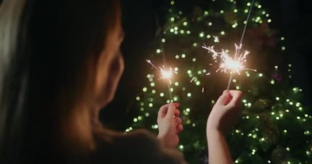 Šťastná Žena Držící Jiskry Stojící Pozadí Vánočního Stromku Doma Zadní — Stock video