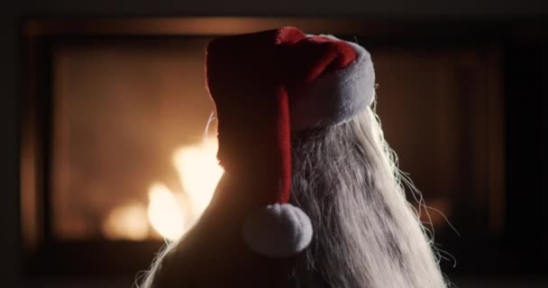 新年の帽子に長い髪の若い女性が燃える暖炉を見て — ストック動画