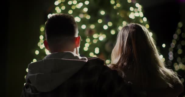 Arka Plan Evdeki Yeni Yıl Ağacına Hayran Genç Bir Çift — Stok video