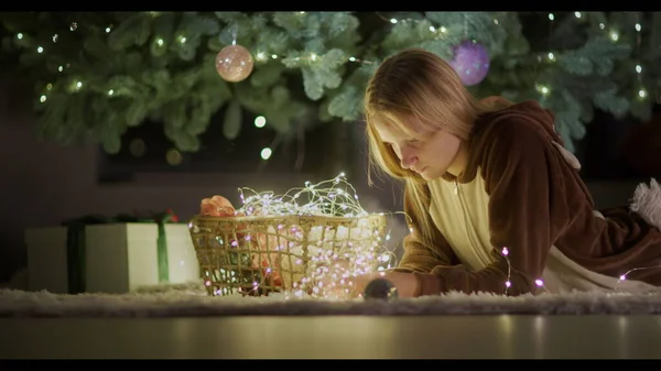 Teen Girl Lies Christmas Tree Unraveling Garland Preparing Christmas New — Stock Photo, Image
