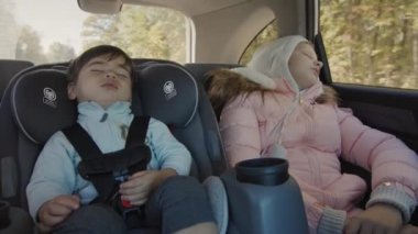 Uyuyan çocuklar arabanın arka koltuğunda araba kullanırlar. Asyalı bebek çocuk koltuğunda uyur, bir kız yanında uyur.