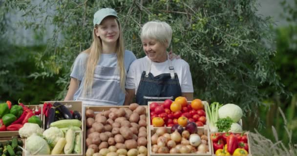 农贸市场蔬菜柜台后面站着快乐的祖母和孙女的画像 — 图库视频影像