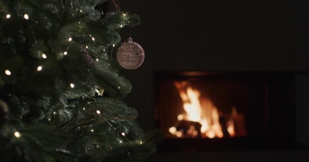 Oheň Hoří Krbu Tmavé Místnosti Rozmazané Vánoční Stromečky Popředí Štědrý — Stock video