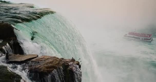 Híres Niagara Vízesés Messze Alatta Vitorlázik Egy Hajó Turistákkal Amerika — Stock videók