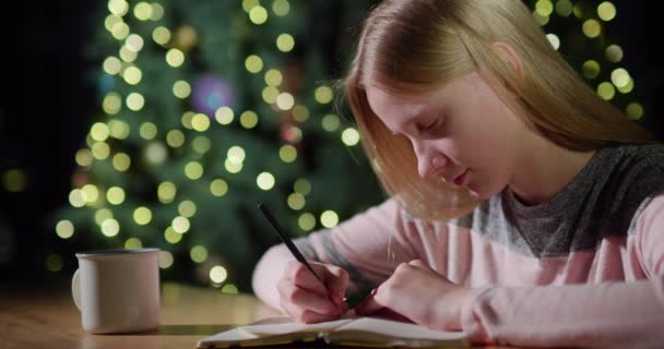 子供の肖像画は 翌年の日記に書いている クリスマスツリーガーランドのぼやけた光の背景に対して — ストック動画