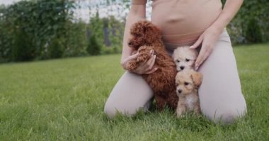 Hamile bir kadın evinin yakınındaki çimenlikte köpek yavrularıyla oynuyor..