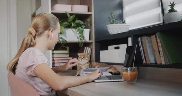 Child Engaged Laptop Her Room Next Her Red Cat — Vídeos de Stock