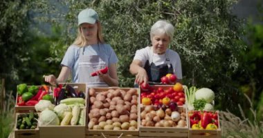 Yaşlı bir kadın çiftçi ve torunu çiftçi tezgahında mevsimlik sebzeler seriyorlar.