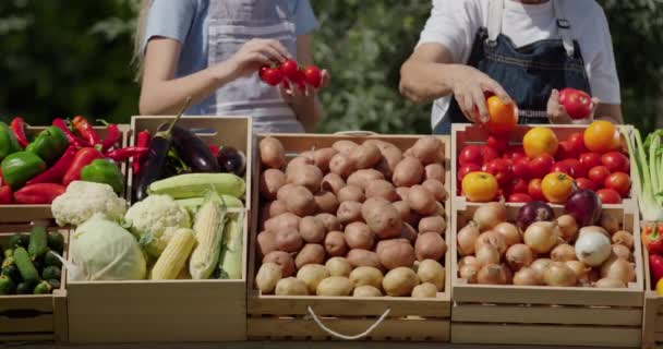 高齢の女性農夫と孫娘が農民市場のカウンターで季節の野菜を産み出した — ストック動画