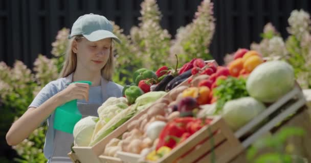 Een Kind Sproeit Groenten Met Water Helpt Verkopen Een Boerenmarkt — Stockvideo