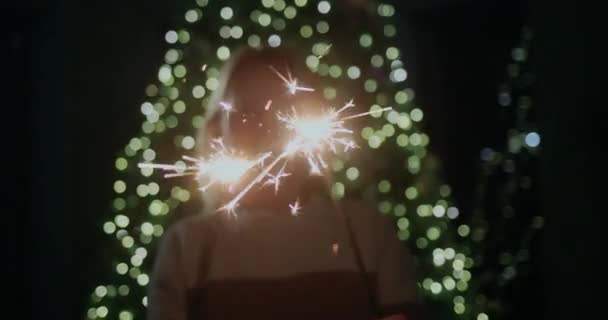 Evde Bir Noel Ağacının Arka Planında Duran Elinde Maytap Tutan — Stok video