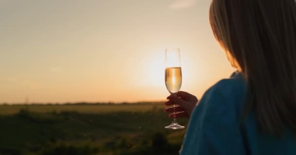 Успішна Жінка Келихом Шампанського Фоні Мальовничої Долини Заході Сонця — стокове відео