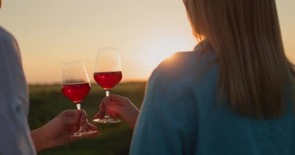 太陽が沈む絵のような風景の背景にシャンパンのグラスが付いている手 — ストック動画