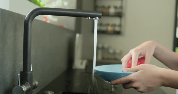 Crianças Mãos Lavando Uma Placa Suja Sob Água Corrente Uma — Vídeo de Stock