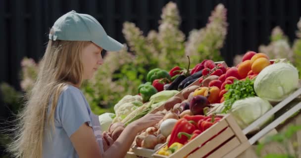 Een Tienermeisje Legt Groenten Neer Aan Balie Van Een Boerenmarkt — Stockvideo