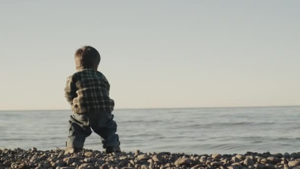 Dwuletni Chłopiec Celowo Wrzuca Kamień Morza — Wideo stockowe