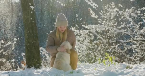 Egy Fiatal Simogatja Kutyáját Miközben Együtt Sétálnak Egy Festői Téli — Stock videók