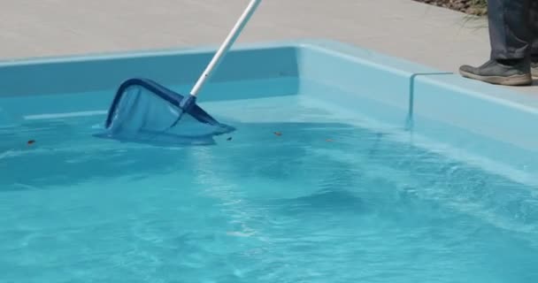 Trabalhador Remove Detritos Pool Com Uma Rede — Vídeo de Stock